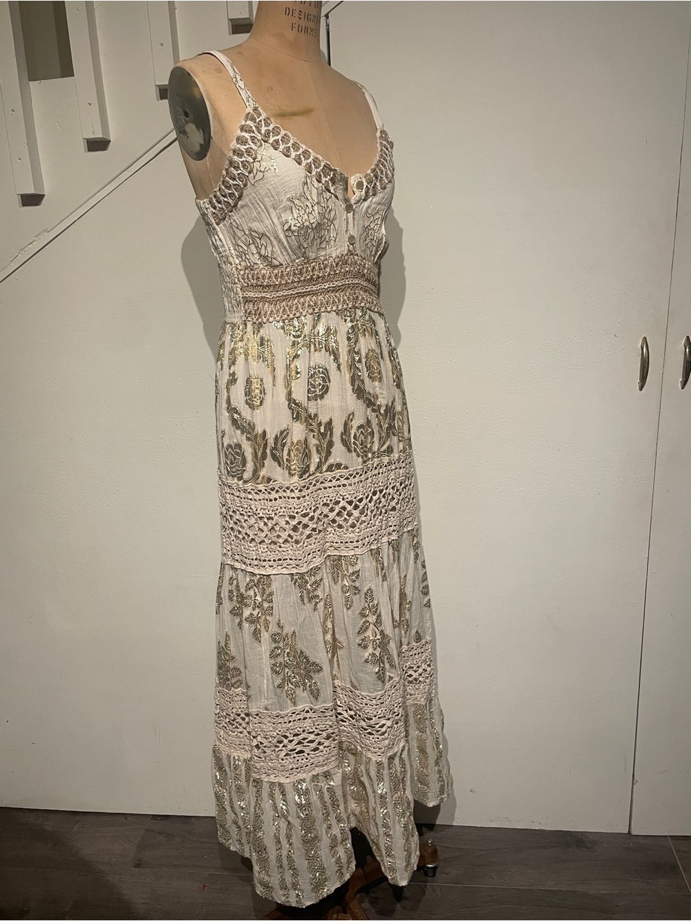 Greek Goddess maxi tiered sundress dress boho vintage style gold lame gown M L